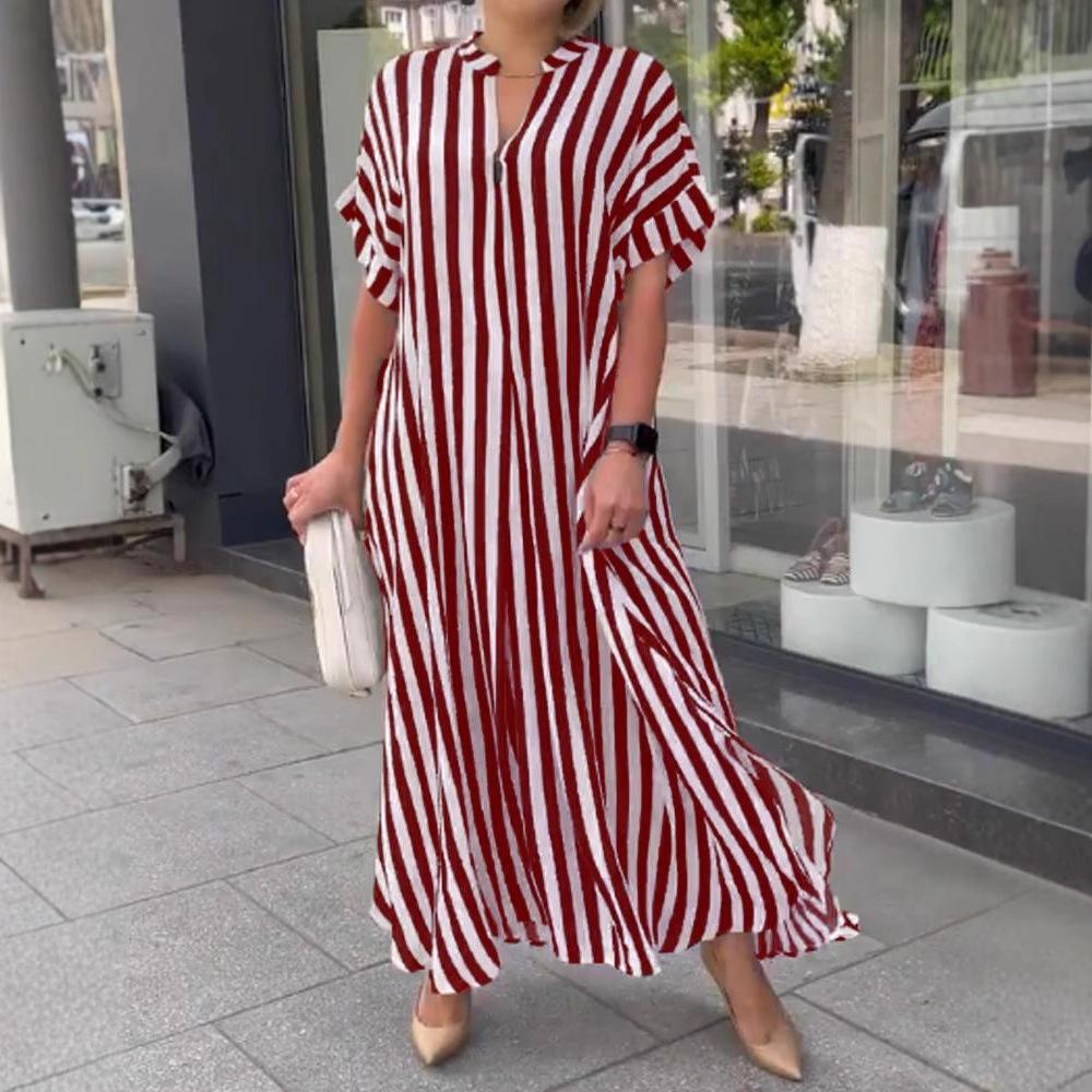 New European and American Cross-border Women's Clothing Amazon Independent Station Fashion Side Split Stripe Loose Casual Short-sleeved Dress