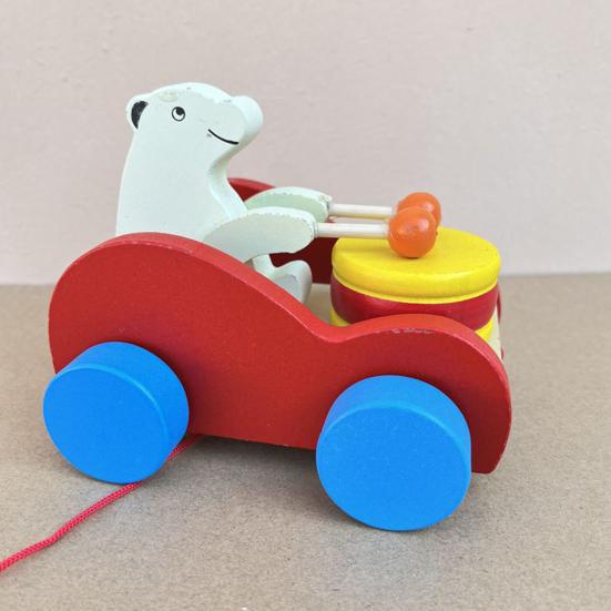 Pull String Wooden Car Toy Toddlers Boys Girls Cartoon Animal Drum Beating Vehicle Toy Educational Motor Skill Early Development Pulling Rope Car Toy