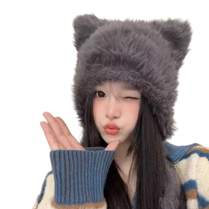 Winter Warm Plush Hat for Women Funny Bear Ear Hat Hooded Skull Hat Outdoor Activity Cap Windproof Headwear Pullover Hat