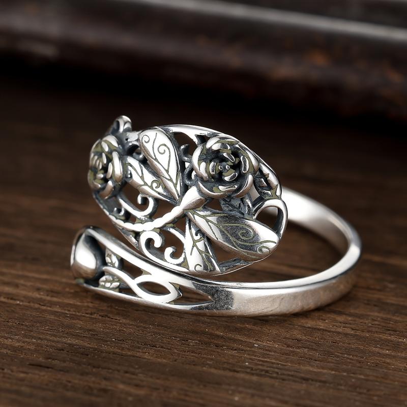 Vintage S925 Sterling Silver Rose Flowers Dragonfly Pattern Adjustable Ring for Women Personalized Creative Party Jewelry Accessories