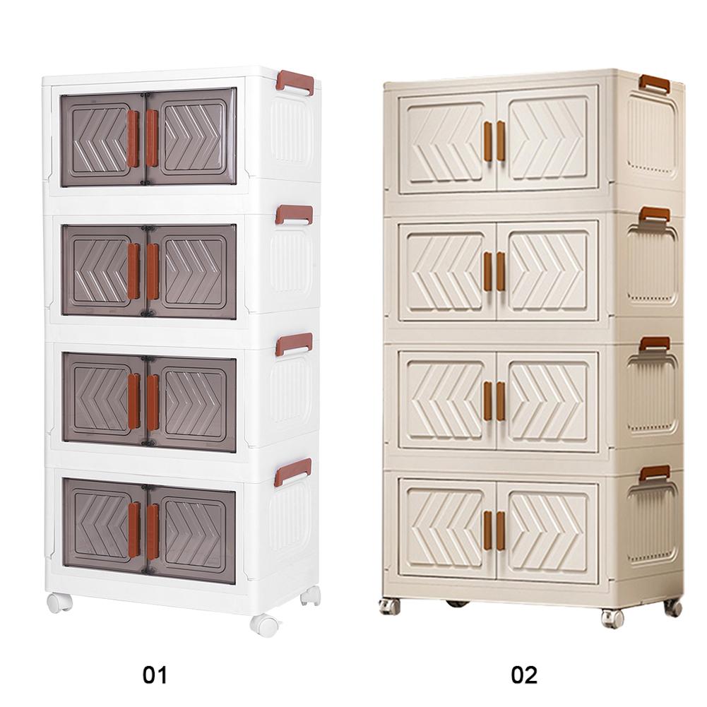 4 Tier Stackable Storage Bins with Lids Doors Wheels Foldable Cabinet Organization Storage Drawer Transparent Organizers Boxes