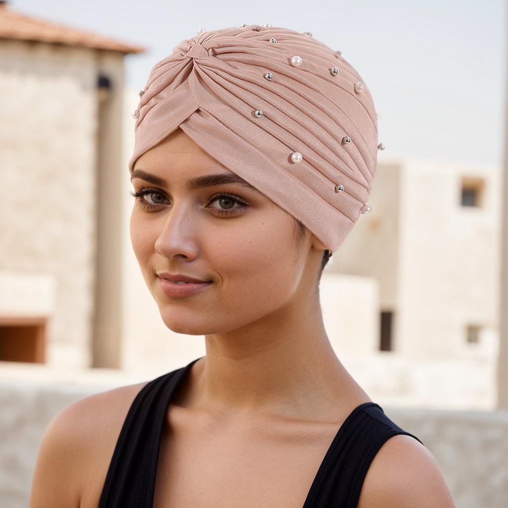 Eșarfă de cap elegantă plisată cu mărgele, tip wrap, în culoarea pepene verde