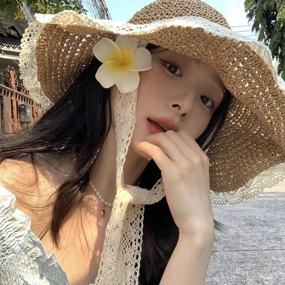Lace Big Brim Sun Hat Pastoral Style UV Protection Cap Foldable Women Straw Hat Female