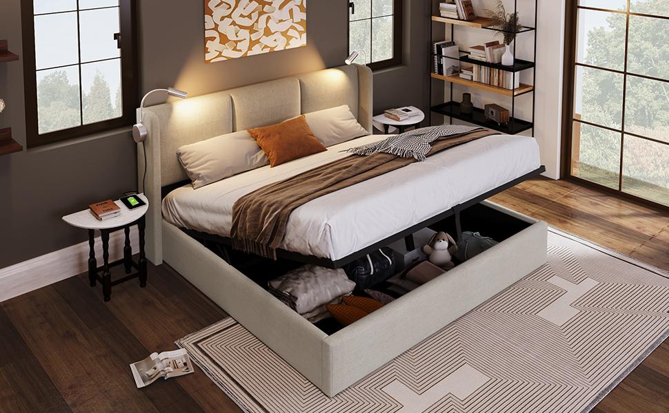 Upholstered Double Bed with Storage Box, Reading Light, USB Charging Headboard, Linen Bed Frame, Youth Bed 160x200, Slatted Frame (Without Mattress)