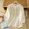 Summer New Retro Ethnic Style Cotton and Linen Literary Embroidery Loose Half-sleeved Shirt Stand-up Collar Loose Women