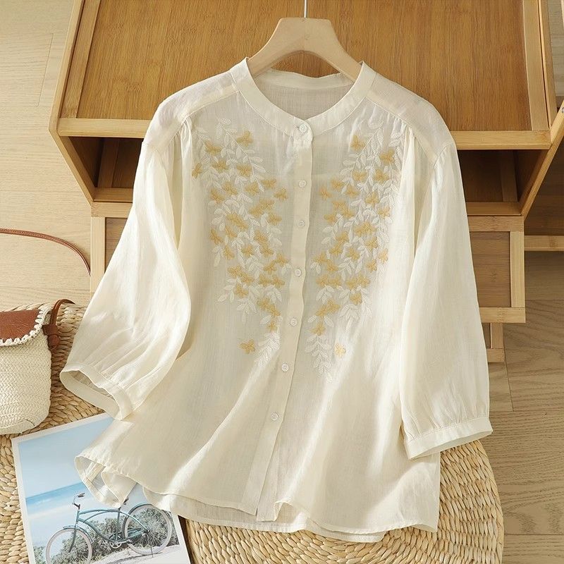 Summer New Retro Ethnic Style Cotton and Linen Literary Embroidery Loose Half-sleeved Shirt Stand-up Collar Loose Women