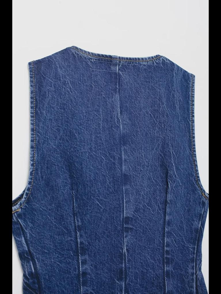 Women's Denim Vest & Wide-Leg Pants Set - Round Neck, Single-Breasted.