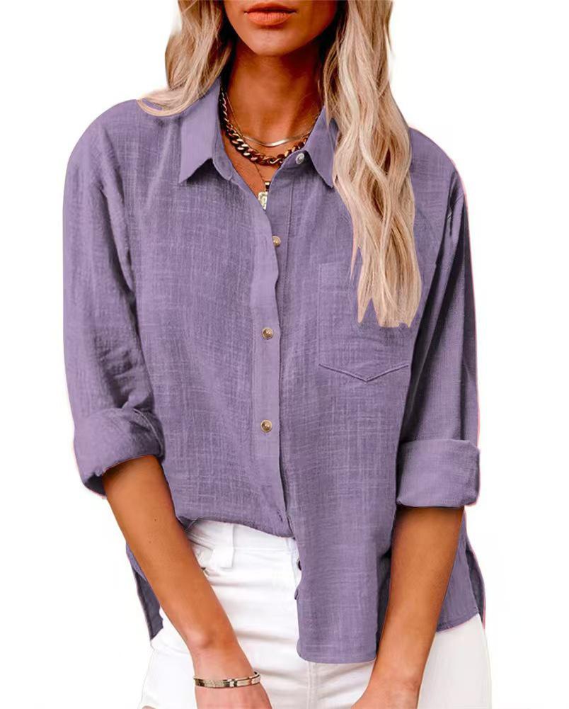 Haut en coton et lin à manches longues, coupe ample, boutonnage sur le devant, couleur unie, avec revers, pour femme, collection Automne 2025