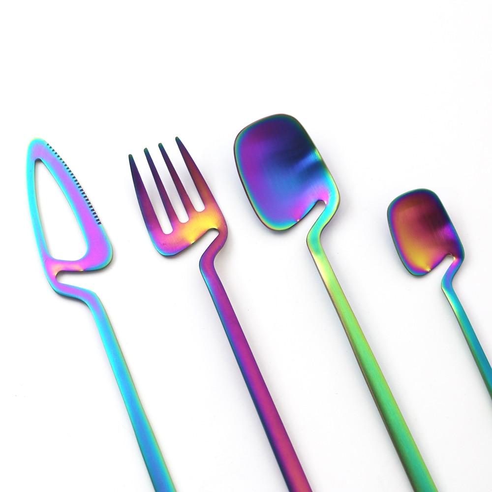 16Pcs Rainbow Cutlery Set Knife Fork Spoon Flatware Set Stainless Steel Dinnerware Set Creative Silverware Hung On the Edge of the Cup