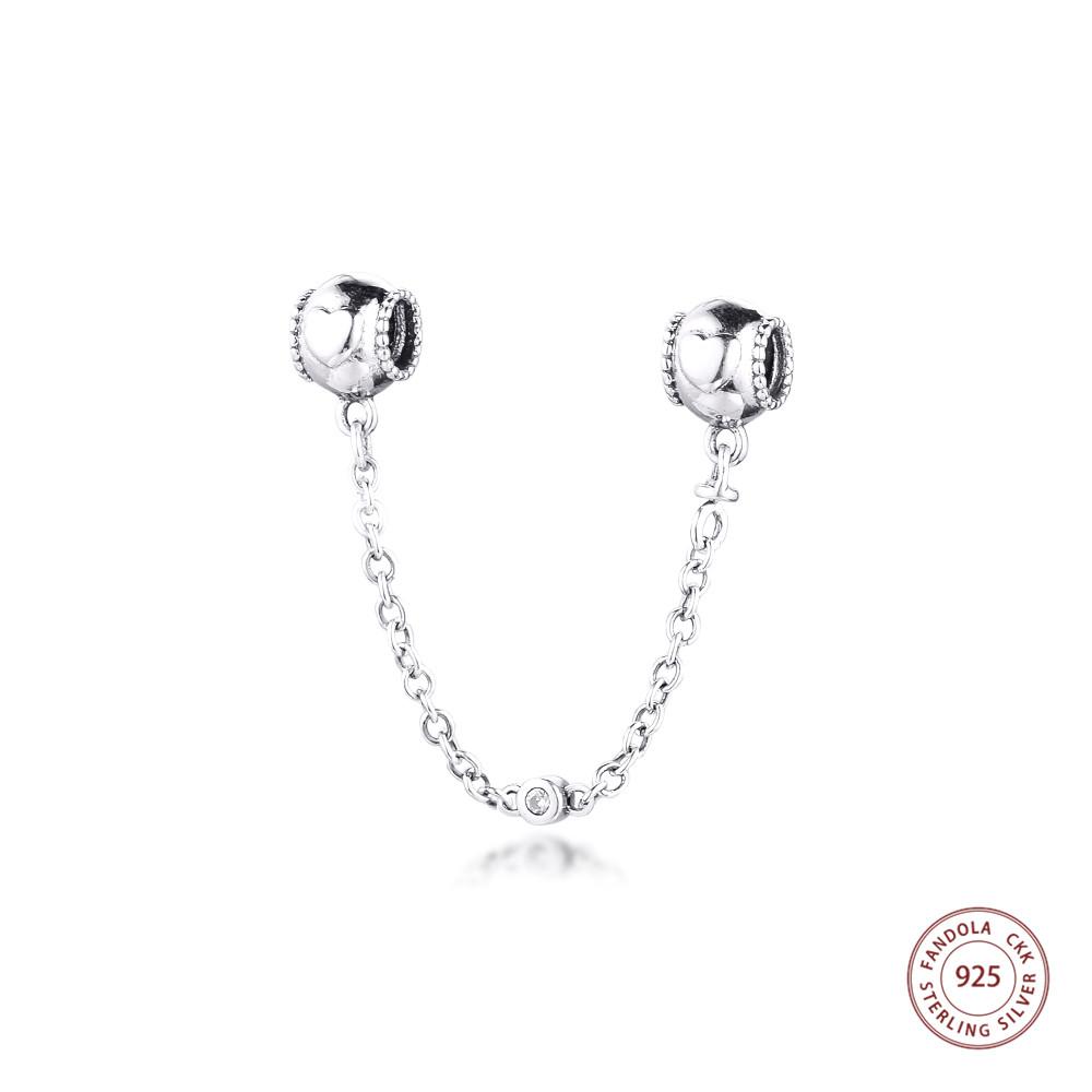 Fits Europe Bracelet Embossed Hearts Safety Chain Charms 925 Sterling Silver Beads for Jewelry Making
