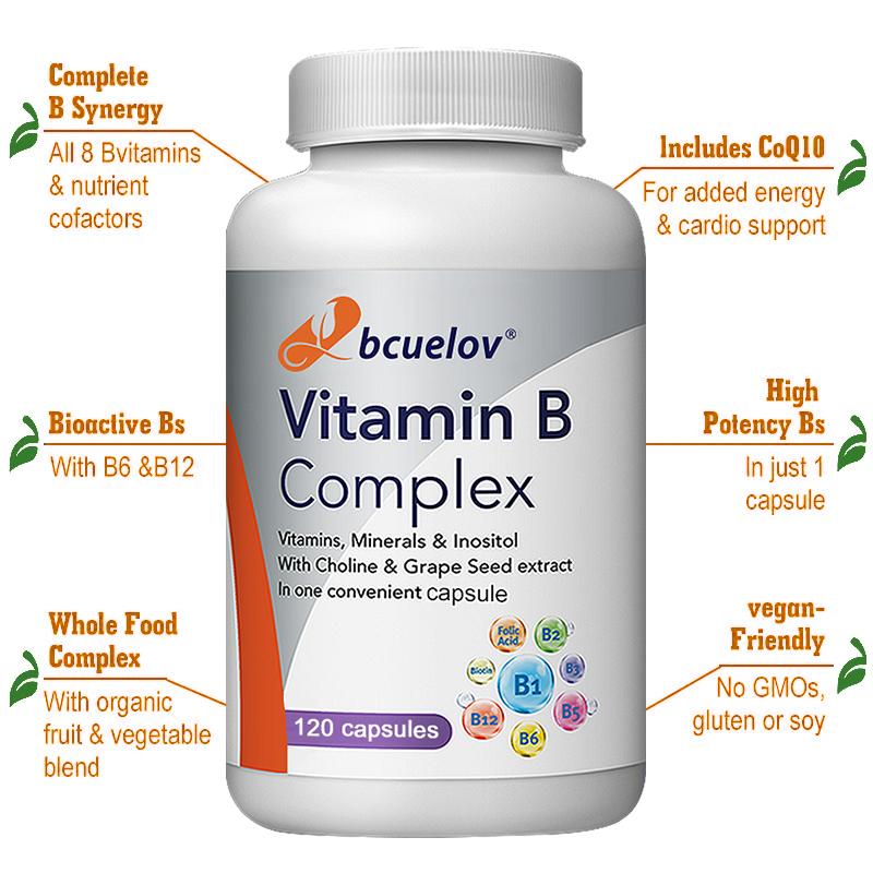 Bcuelov Vitamin B Complex Dietary Supplement, Magnesium, Biotin, 120 Capsules
