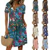 Women’s Vintage Floral Print Short Sleeve Button Neck Casual Dress with Round Neckline and Relaxed Fit for Everyday Wear