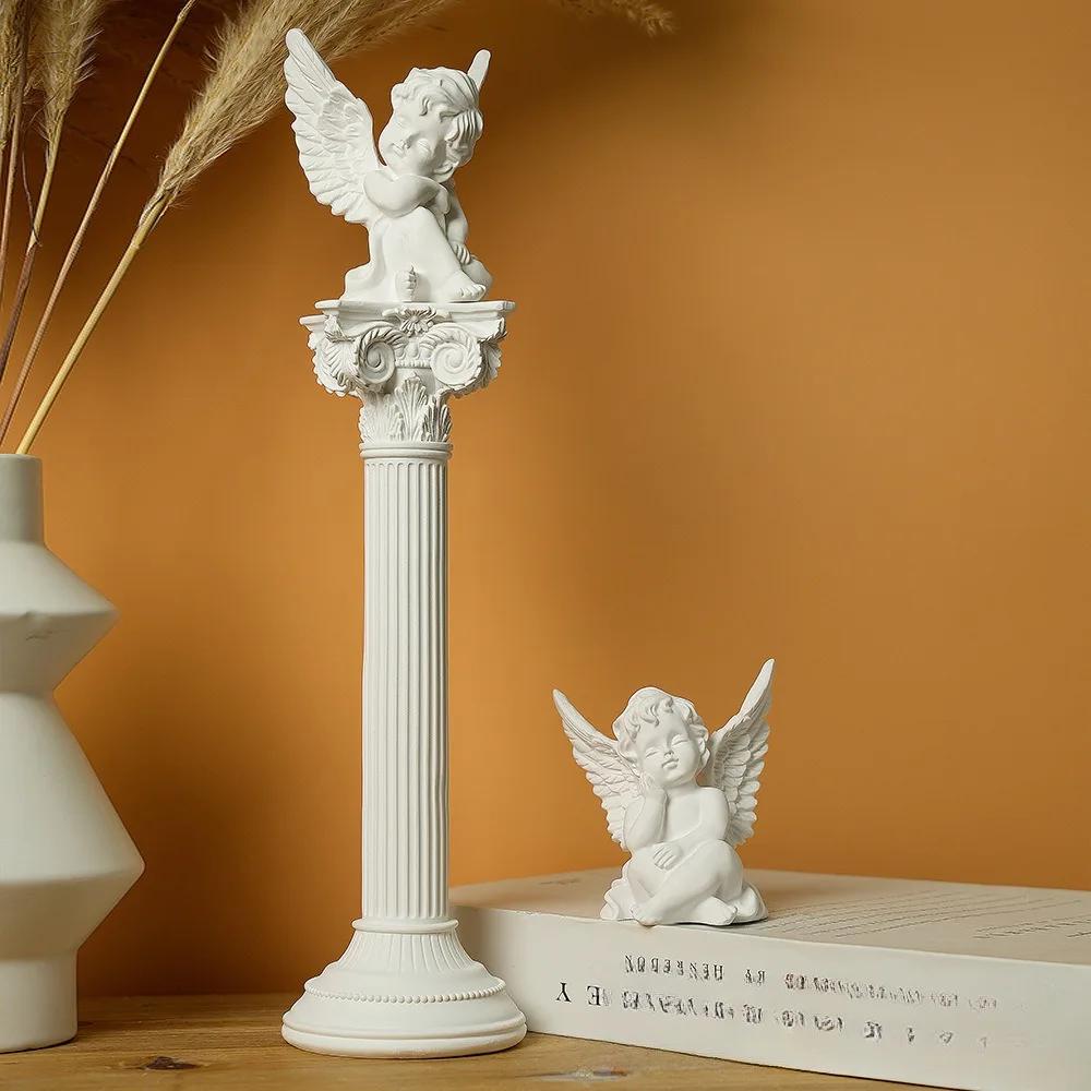 Harz Engel Figuren mit Römischer Säule Putten Statue Flügel Schlafender Denkender Engel für Heim Zimmer Schreibtisch Büro Dekoration