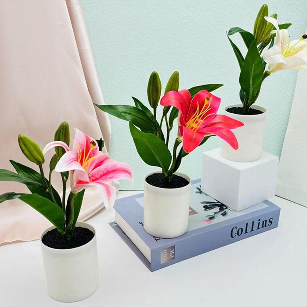Lifelike Multicolor Lilies Artificial Flower Potted Photo Props Elegant Faux Bonsai Plastic Fake Flower Party Supplies
