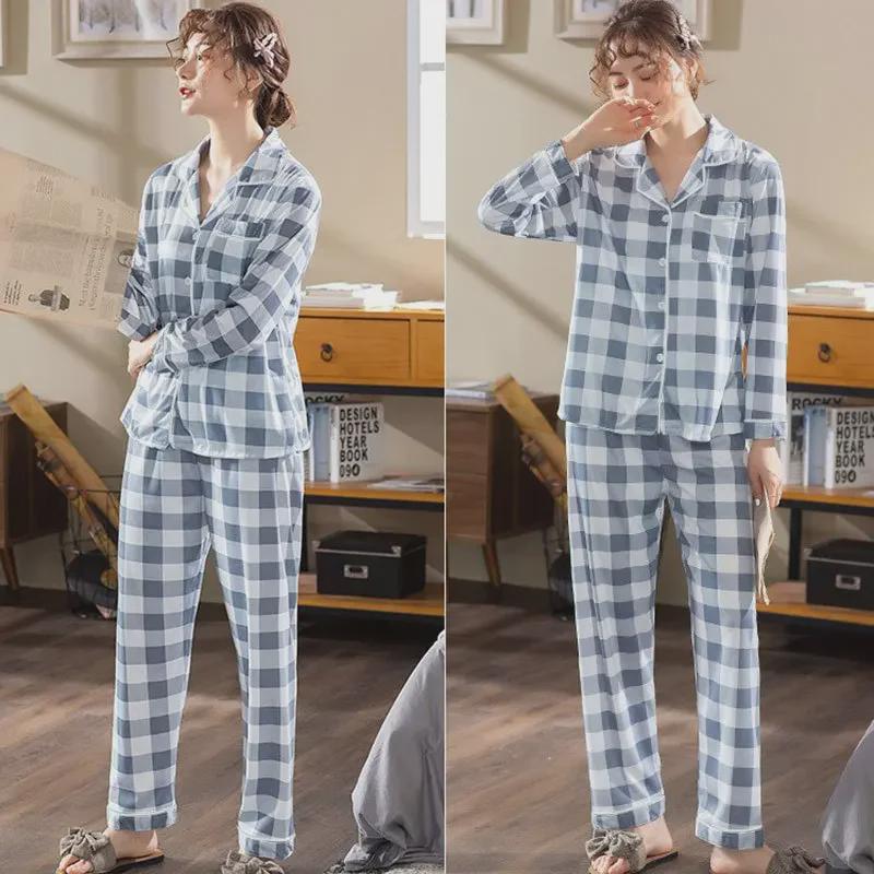 Dames Geruite Cardigan Pyjama Set - Lange Mouwen, Broek, Casual Stijl voor Lente & Herfst.