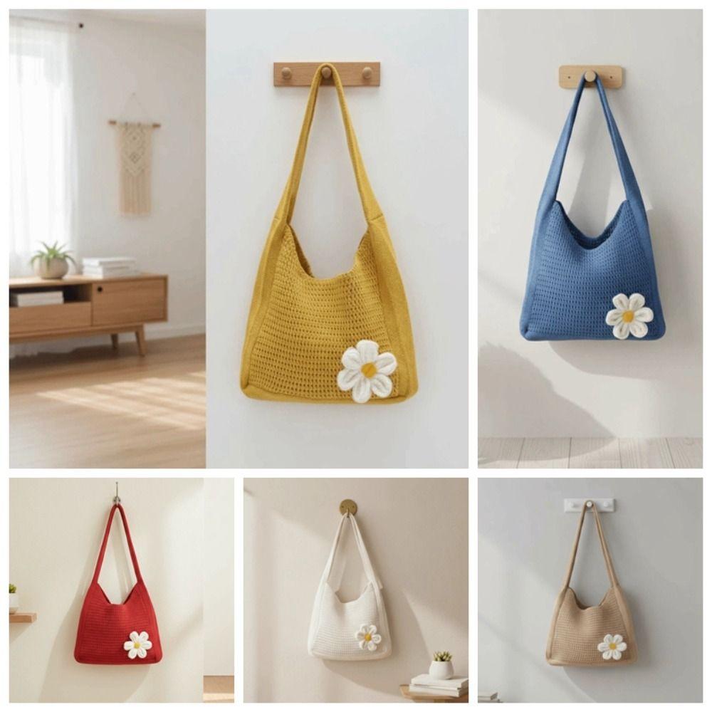 With Crochet Flower Crochet Shoulder Bag Breathable Seaside Vacation Handbag  School