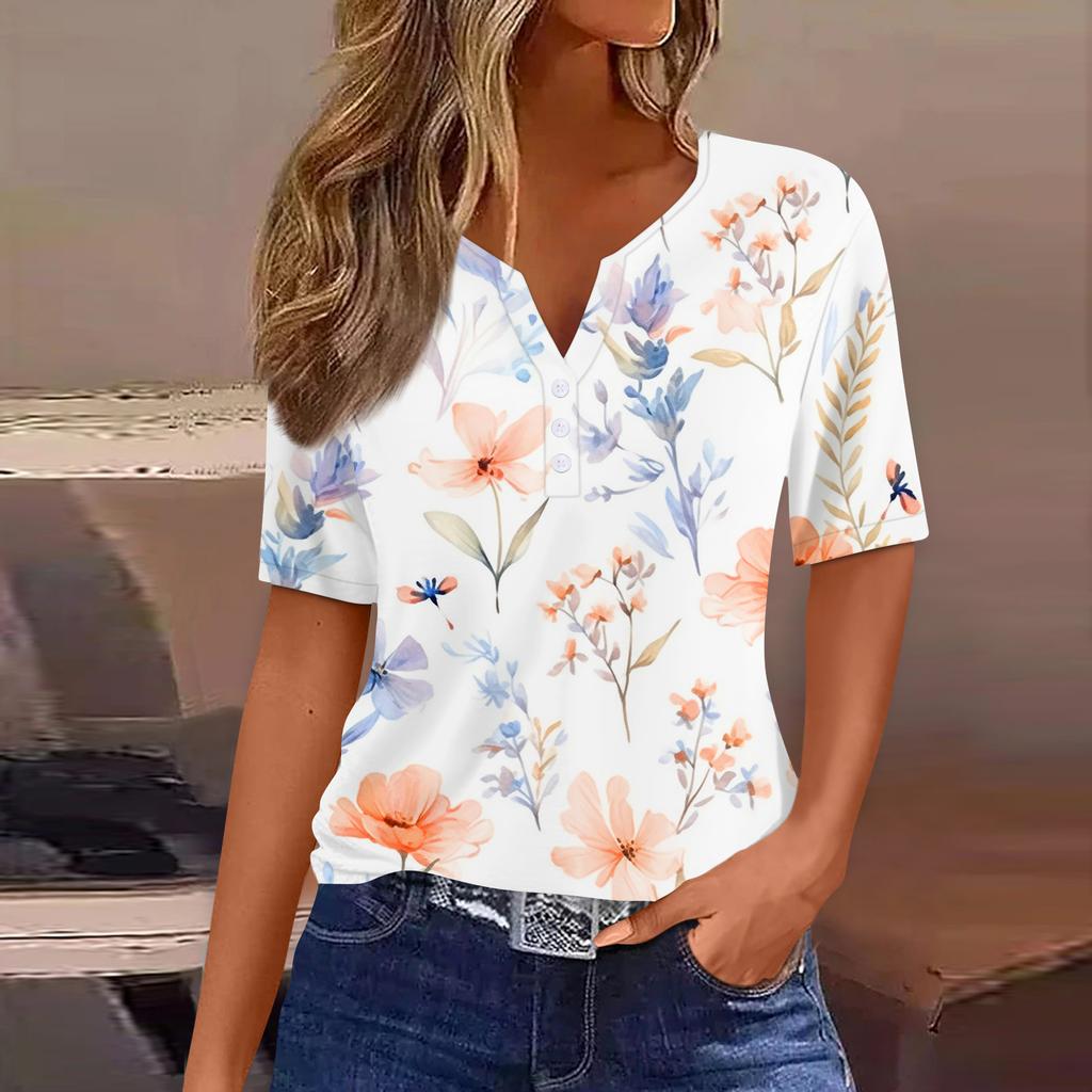 Women's T Shirt Print Button Short Sleeve Daily Weekend Fashion Basic V-Neck Regular Top