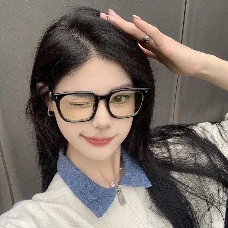 Korean Retro Black Frames Myopia Spectacles for Female Trendy Unisex Square Large Frames Spectacles Anti- Blue-Ray Near Sight Eye Spectacles