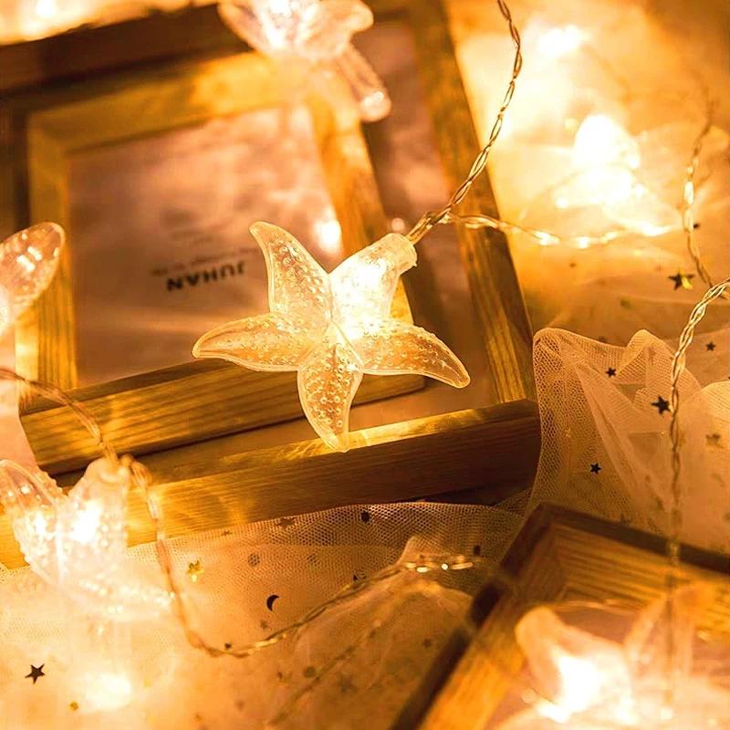 1PC LED Sea Shell Lamp String Starfish Lighting Strings Atmosphere Light Suitable for Festival Room Wedding Party Decoration Lamps Battery-Powered