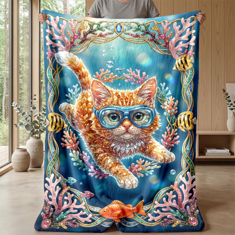 Underwater Cat and Fishes Theme Blanket Lightweight Warm Flannel Blanket Decorative Throw Blanket for Home Decoration