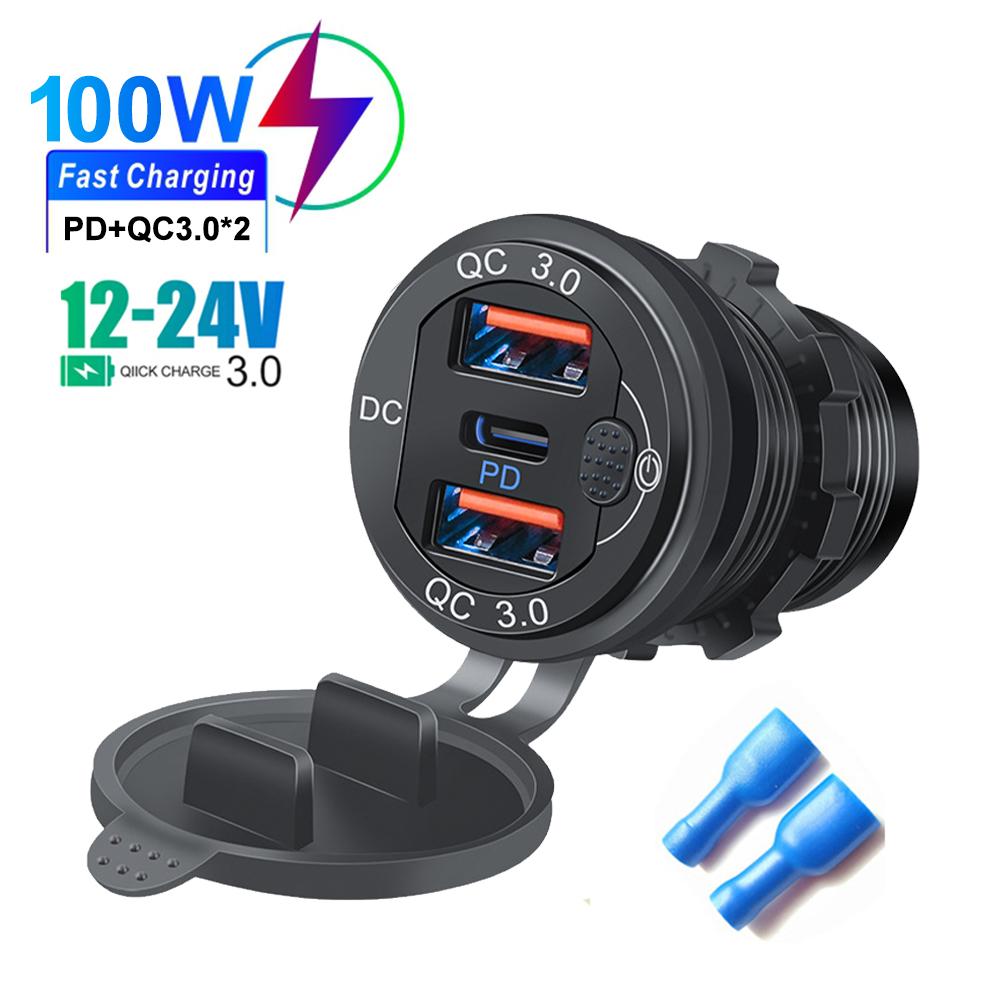 Newest Car Charger QC 3.0 Aluminium 12V/24V Car 3 Port Charger adapter with Switch PD Type C Triple Quickly Charger