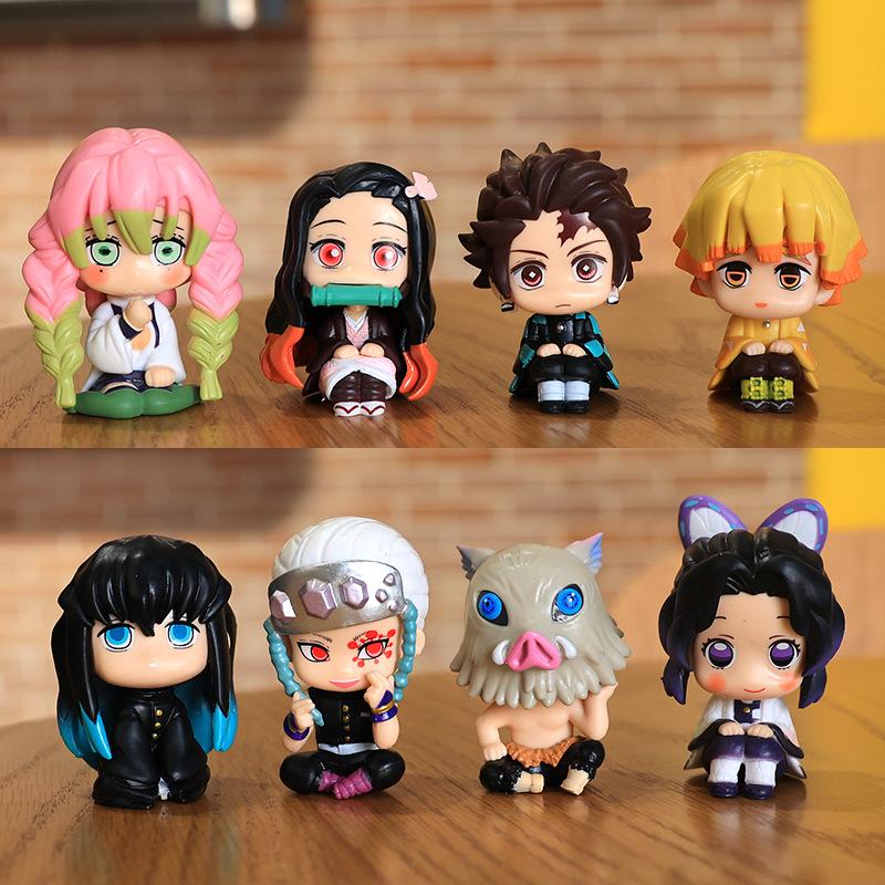 8Pcs/Set Anime Figures Demon Slayer Kimetsu No Yaiba Q Version Sitting Tanjiro Nidouzi Inosuke Zenizu Figurine Model Doll Gift