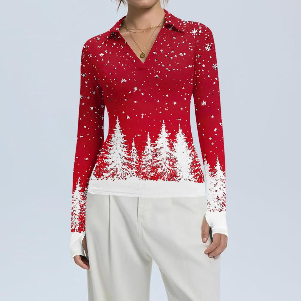 Women's Fashion Casual Christmas Print V-Neck Long Sleeve Button-Down Top