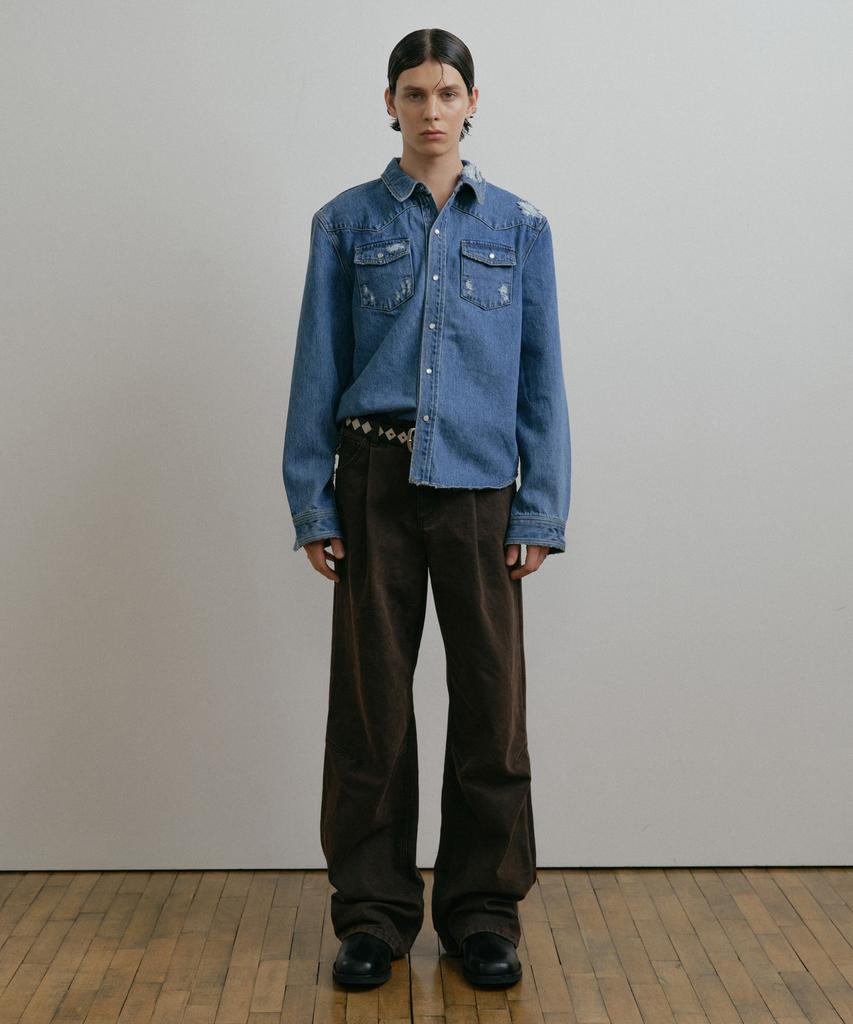 DUSTYWHITE Brown Dirty Washed Oxford Wide Tuck Pants