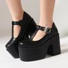 FOREADA Women Pu Leather Pumps Platform Super High Hoof Heels Round Toe T-Tied Belt Buckle Concise Spring Autumn Shoes White