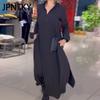 JPNTKY Women's Fashion Autumn Winter Solid Color Print Long Sleeve V-Neck Casual Dresses