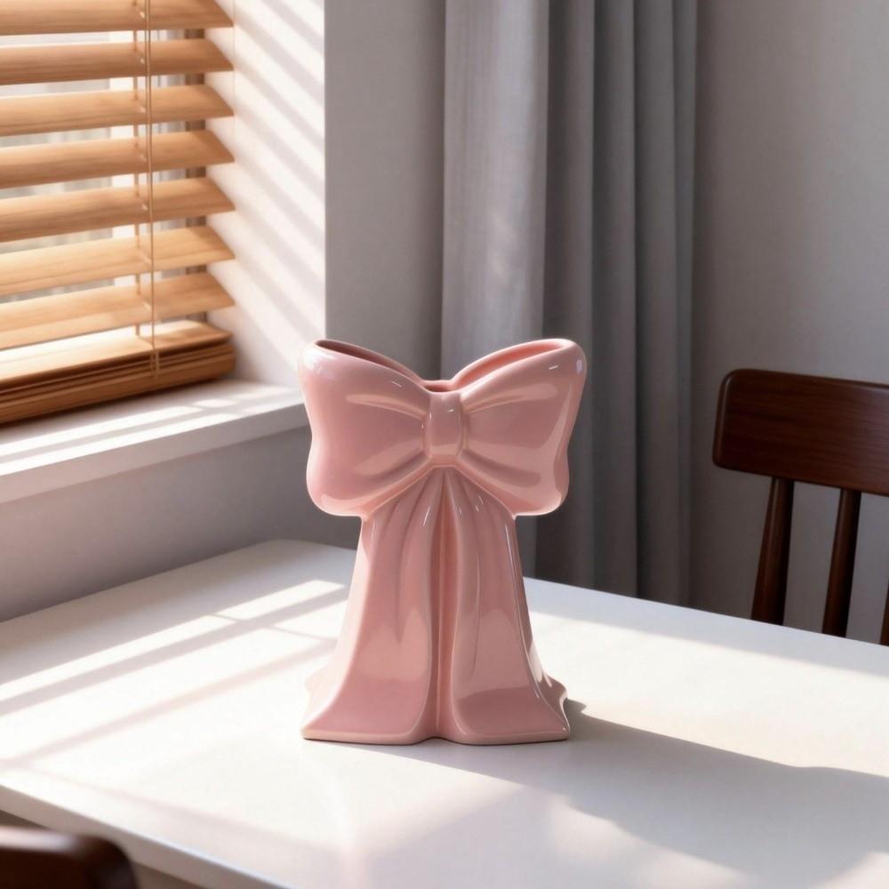 Pink Coquette Ceramic Vase Bow Knot Accent Ceramic Plant Pot Decorative Planter Desktop Decoration