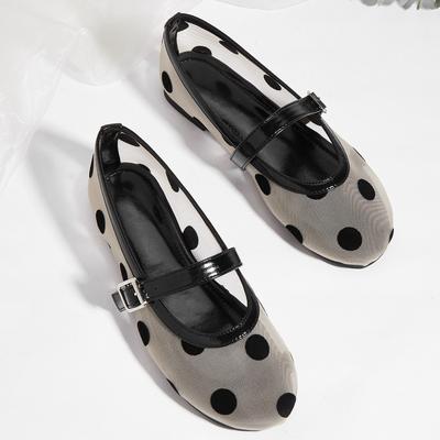 Fashion Shallow Flat Sandals Women Breathable Mesh Black Polka Dot Ballet Flats Comfortable Round Toe Plus Size Mary Jane Shoes