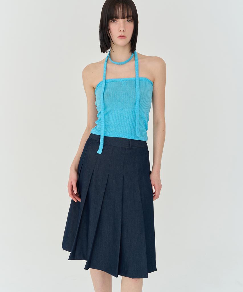 Fry Height Slit Pleated Midi Skirt (Navy)