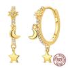925 Sterling Silver Golden Hoop Earrings Sun Moon Star Cubic Zirconia Star Drop Earrings Fashion Jewelry Gift for Women