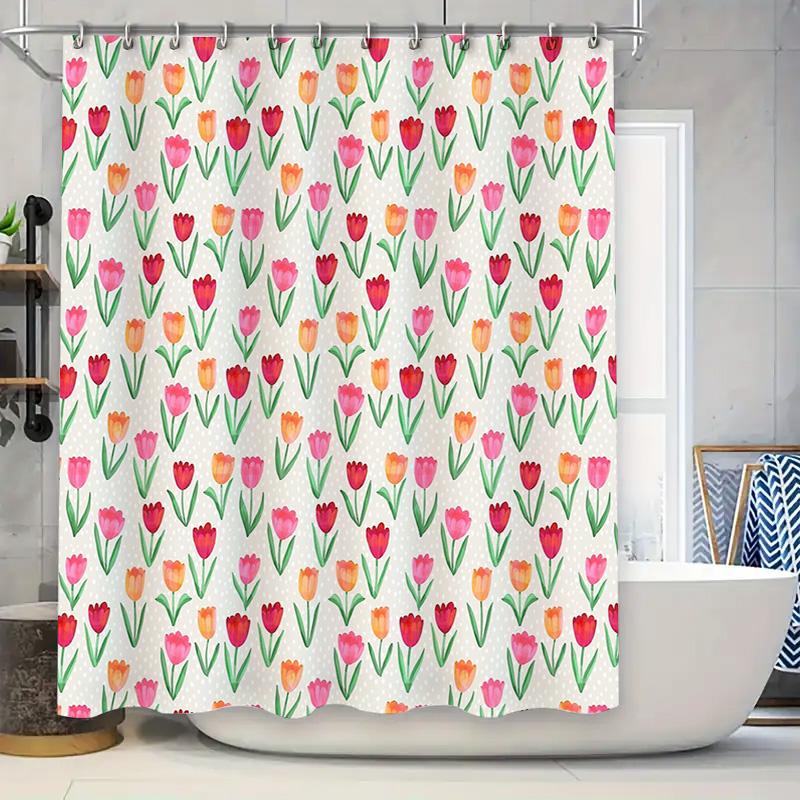 Floral Shower Curtain Botanical Tulip Flowers Pattern Waterproof Bathroom Decor Vintage Rustic Farmhouse Aesthetic Home Textile