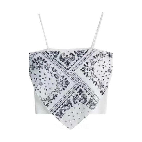 Summer Sling Vesta Čtvercový límec Bez rukávů Retro potisk Košilka Slim Fit Tílko Dámské tričko Streetwear