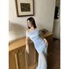 Blue Floral Suspender Dress Women's Summer Seaside Vacation Beautiful Temperament Waist Versatile Dress