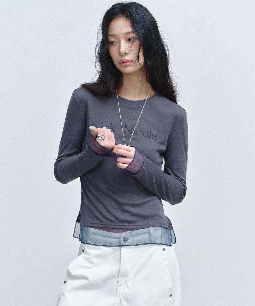 Nigaennikol Nicole Sheer Layered Logo Sleeve Top_Navy
