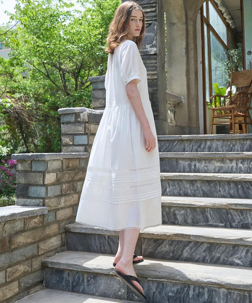 Mite Pintuck Lace Tired Dress_Ivory