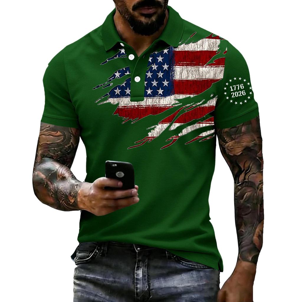 Men's Loose Fit Casual Polo Shirt Short Sleeve Flag Print Button Collar Summer Top Breathable Comfortable Fabric