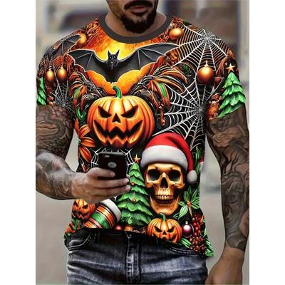 Men's Halloween Pattern Printed T-shirt Sports Short Sleeved Crew Neck T-shirt for Summer Outdoor Fitness Workout Men's Clothing
