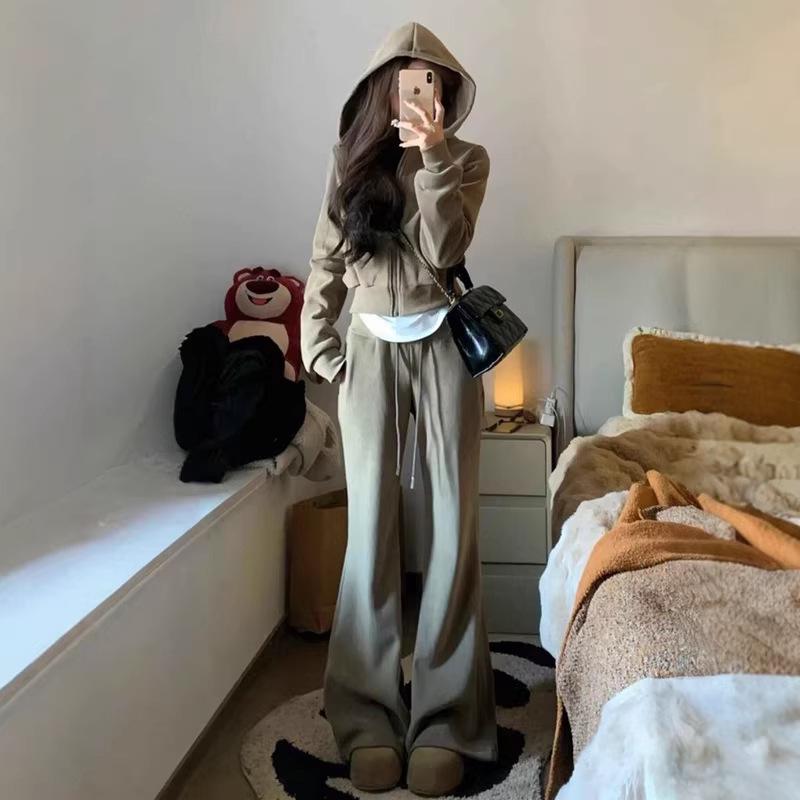 Women's Spring Petite Sportswear Set: Hooded Sweatshirt & Wide-Leg Pants