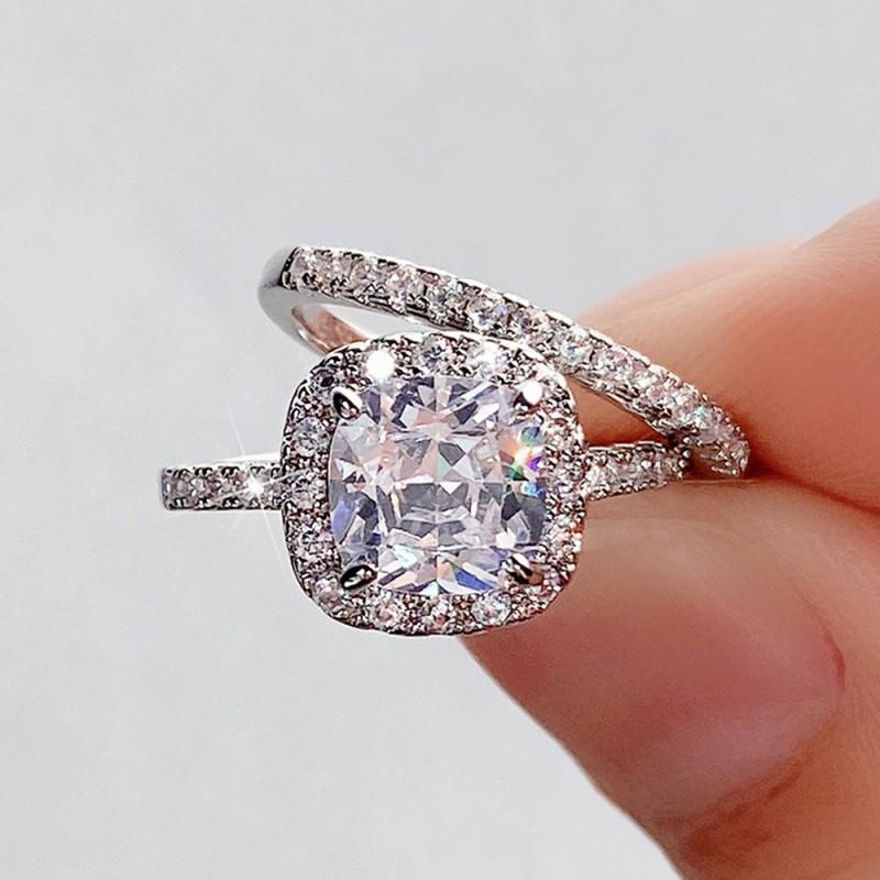 Huitan 2Pcs/Set Ring for Women Wedding Engagement Charming Finger Accessories Inlaid Shining CZ Elegant Party  Jewelry