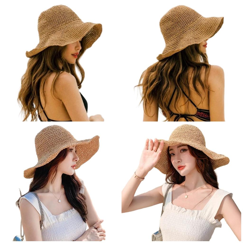 Summer Straw Sun Hat for Woman Foldable Natural Straw Bucket Hat Outdoor Hollw Breathable Fisherman Cap Travel Beach