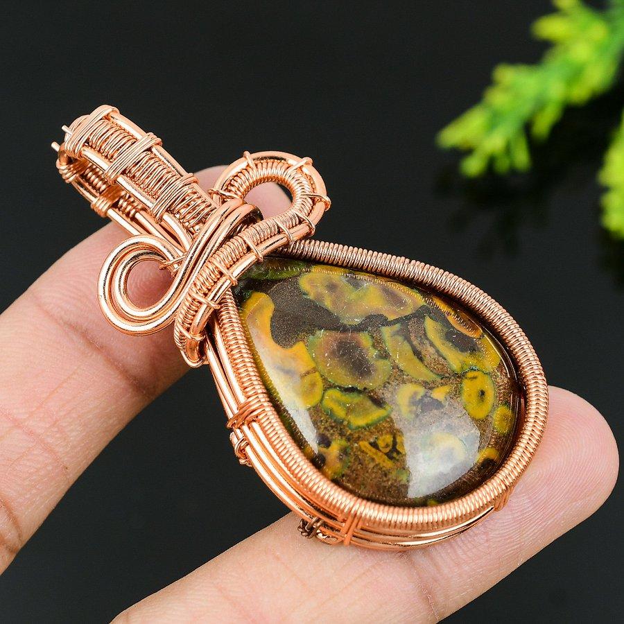 Natural Bamboo Jasper Gemstone Handmade Copper Wire Wrap Pendant 2.56 Y5n93