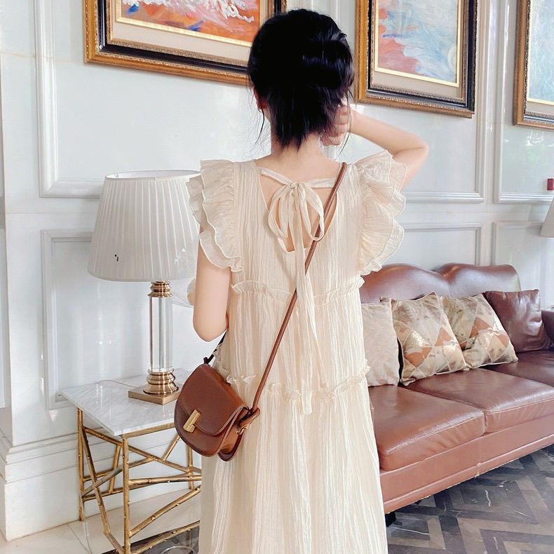 French Flying Sleeves Apricot Dress Female Summer Small Man Sweet and Gentle Wind Fungus Edge Mori First Love Fairy Dress