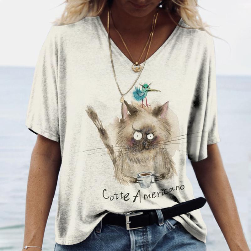 2024 Women's T Shirt Manga Cat 3D Print Harajuku Summer Short Sleeve Top Casual Women's Clothing  V-Neck Tees Shirt for women