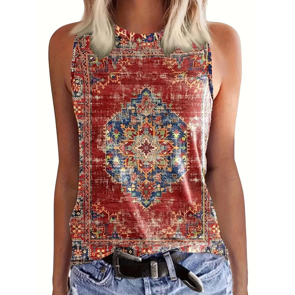 Módne Nové Dámske Športové Tielka Bez Rukávov Voľné Ležérne Tank Topy Vintage 3D Geometricky Potlačené Bez Rukávov S Okrúhlym Výstrihom Tričká