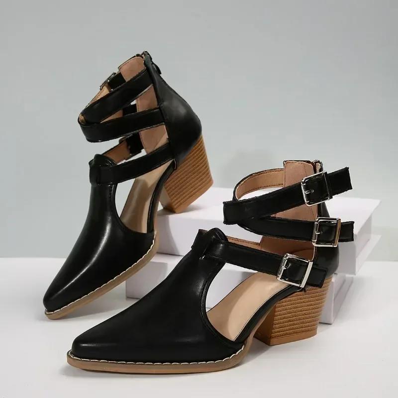 2024 Hot Sale Shoes for Women Rome Women's High Heels Retro Dress Pumps Women Pointed Toe Chunky Heel Back Zip Plus Size Sandals