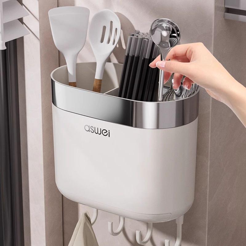 Chopsticks Storage Box Wall Mounted Cylinder Kitchen Spoon Storage Rack Fast Cage Drain Household Hole Free